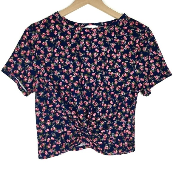 GAZE Crop Top Floral Roses Twist Front Shirt Sleeve T Shirt Fitted Size Large - Picture 1 of 8